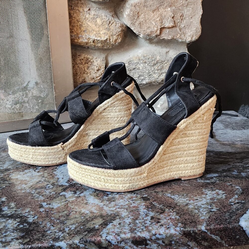 Forever 21 Black Faux Suede Wedge Espadrille Sandals Size 7 - Picture 16 of 16